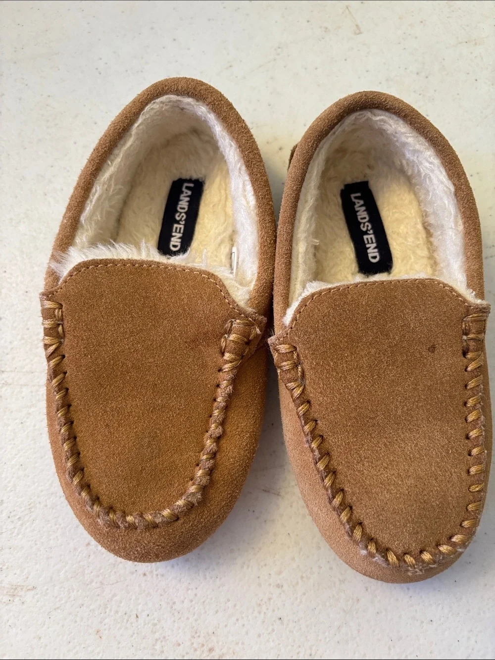 Lands' End Kids Tan Suede Moccasin Slippers